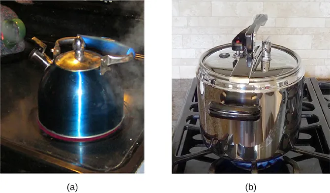 Figure a is a photograph of a tea kettle on a stove. Steam is seen coming out of the nozzle of the kettle. Figure b is a photograph of a pressure cooker on a stove.