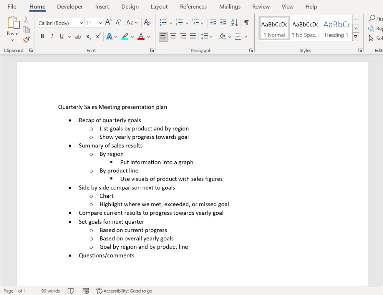 A bulleted outline list is visible with a title and black dots for the main topics, followed by blank circles and then black squares for the subtopics.