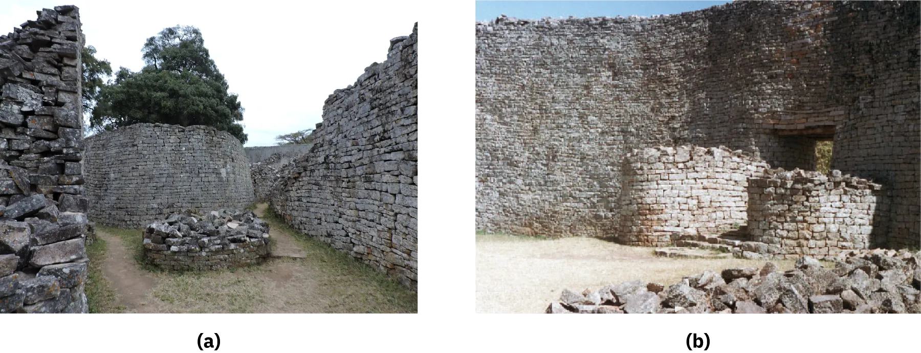 Two images of photographs are shown. (a) An image shows a round wall made up of off-white bricks. Trees grow out of the top of the middle. In front of the round wall is a small flat pile of round bricks in uneven layers. To the right and left off-white brick walls are seen with pieces broken off and falling down. The ground is sparse grasses among dirt and a white sky shows in the background. (b) An image of two round walls of off-white bricks is shown. A pile of bricks shows in the forefront and the background is a tall wall of bricks with an opening on the right behind the two smaller circular piles. A blue sky peeks out the left background.