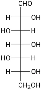 Structural representation of aldoheptose which is a heptose with an aldehyde group and five chiral centers.
