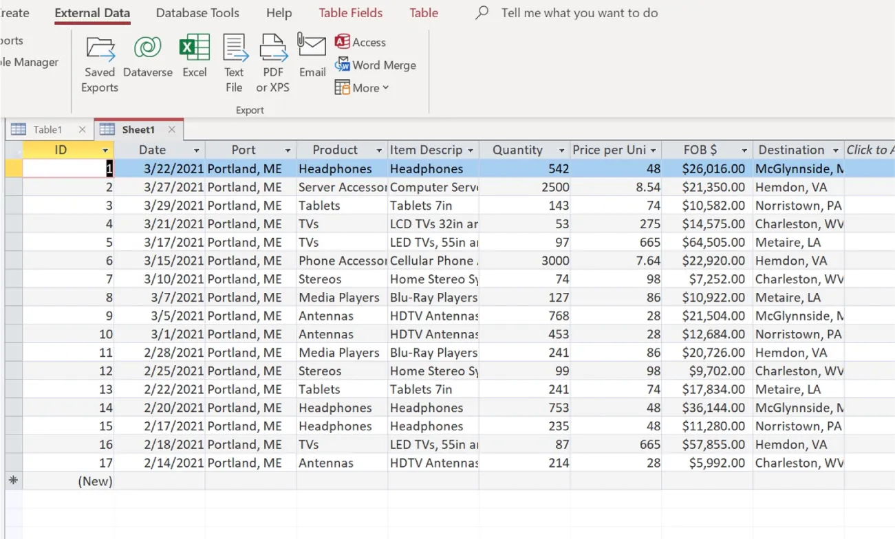 An imported Excel table is visible in Access. Row 1 is selected.