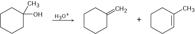 A cyclohexane ring with methyl and hydroxyl at C 1 reacts with hydronium ion to form cyclohexane double bonded to methylene and cyclohexene with methyl at C 1.