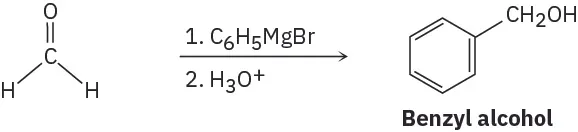 Formaldehyde reacts first with phenylmagnesium bromide, then hydronium, to make benzyl alcohol.