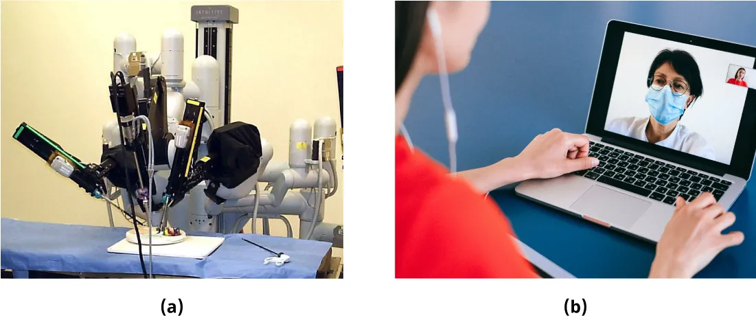 (a) A robot with several mechanized arms works on an item on a surgical table. (b) A person sits looking at a laptop with a health-care professional on the screen.