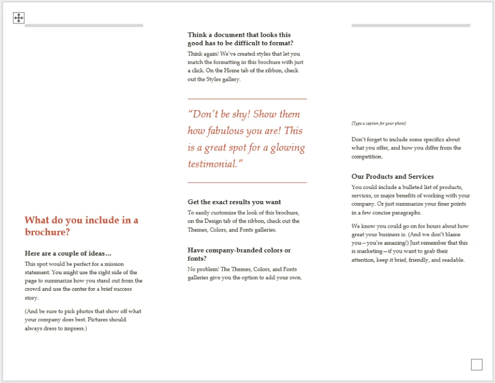 A tri-fold brochure is shown. Each column is formatted with headings and space for text. There is space for a quote in the middle column.