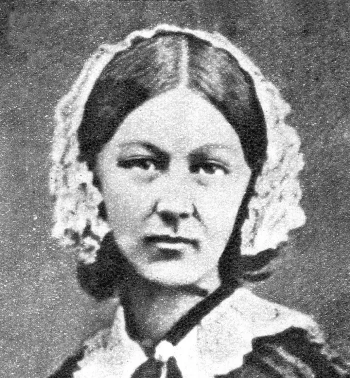 A black and white photograph shows Florence Nightingale.