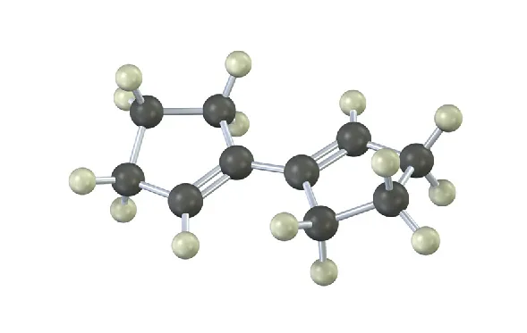 The ball-and-stick model has a cyclopentene ring. C 1 of the ring is bonded to C1 of another cyclopentene ring.