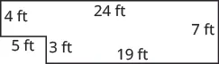 This is a rectangle-like image with six sides. Starting from the top left of the figure, the first line runs right for 24 feet. From the end of this line, the second line runs down for 7 feet. Then the third line runs left from this point for 19 feet. The fourth line runs up 3 feet. The fifth line runs left for 5 feet. The sixth line runs up for 4 feet, connecting it at a corner with start of the first line.