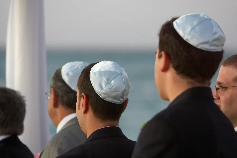 Photo of boys wearing yarmulkes on the top, back of their heads.