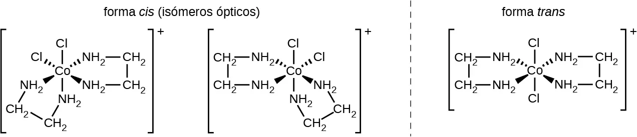 Esta figura consta de tres estructuras. Las dos primeras se denominan "forma cis (isómeros ópticos)". A estas estructuras les sigue un segmento de línea discontinua vertical, a cuya derecha aparece una tercera estructura marcada como "forma trans". La primera estructura consiste en un átomo central de C o que tiene cuatro grupos N H subíndice 2 y dos átomos de C l unidos con enlaces sencillos. Estos enlaces se indican con segmentos de línea que se extienden por encima y por debajo, cuñas discontinuas que se extienden hacia arriba y hacia la izquierda y la derecha, y cuñas sólidas que se extienden por debajo y hacia la izquierda y la derecha. Los átomos de C l se unen en la parte superior y en la parte superior izquierda de la estructura. Los cuatro enlaces restantes se extienden desde el átomo central de C o hasta los átomos de N de los grupos N H subíndice 2. Los grupos N H subíndice 2 están cada uno conectados a átomos de C de grupos C H subíndice 2 que se extienden hacia fuera desde el átomo de C o central. Estos grupos C H subíndice 2 están conectados en pares con enlaces indicados por segmentos de líneas cortas, para formar dos anillos en la estructura. Toda esta estructura se encuentra entre corchetes. Fuera de los corchetes, a la derecha, está el superíndice con el signo más. La segunda estructura, que parece la imagen del espejo de la primera estructura, consta de un átomo central de C o que tiene cuatro grupos N H subíndice 2 y dos átomos de C l unidos con enlaces sencillos. Estos enlaces se indican con segmentos de línea que se extienden por encima y por debajo, cuñas discontinuas que se extienden hacia arriba y hacia la izquierda y la derecha, y cuñas sólidas que se extienden por debajo y hacia la izquierda y la derecha. Los átomos de C l se unen en la parte superior y en la parte superior derecha de la estructura. Los cuatro enlaces restantes se extienden desde el átomo central de C o hasta los átomos de N de los grupos N H subíndice 2. Los grupos N H subíndice 2 están cada uno conectados a átomos de C de grupos C H subíndice 2 que se extienden hacia fuera desde el átomo de C o central. Estos grupos C H subíndice 2 están conectados en pares con enlaces indicados por segmentos de líneas cortas, para formar dos anillos en la estructura. Toda esta estructura se encuentra entre corchetes. Fuera de los corchetes, a la derecha, hay un signo más en superíndice. La tercera estructura trans consiste en un átomo central de C o que tiene cuatro grupos N H subíndice 2 y dos átomos de C l unidos con enlaces sencillos. Estos enlaces se indican con segmentos de línea que se extienden por encima y por debajo, cuñas discontinuas que se extienden hacia arriba y hacia la izquierda y la derecha, y cuñas sólidas que se extienden por debajo y hacia la izquierda y la derecha. Los átomos de C l se enlazan en la parte superior e inferior de la estructura. Los cuatro enlaces restantes se extienden desde el átomo central de C o hasta los átomos de N de los grupos N H subíndice 2. Los grupos N H subíndice 2 están cada uno conectados a átomos de C de grupos C H subíndice 2 que se extienden hacia fuera desde el átomo de C o central. Estos grupos C H subíndice 2 están conectados en pares con enlaces indicados por segmentos de líneas cortas, para formar dos anillos en la estructura. Toda esta estructura se encuentra entre corchetes. Fuera de los corchetes, a la derecha, hay un signo más en superíndice. Hay anillos de átomos en lados opuestos de la estructura final.