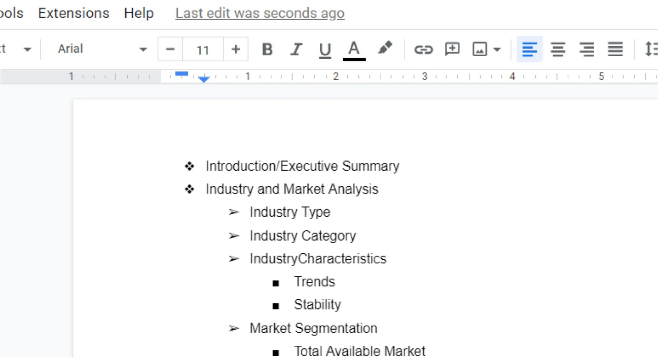 In the Doc, information is displayed in a tiered list with diamonds, arrows (one indent) and squares (two indents), in that order, on the tiers.