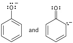 The first structure has a benzene ring bonded to an oxygen anion. The second structure has a cyclohexadiene ring with double bonded oxygen at C1 and negative charge at C2.