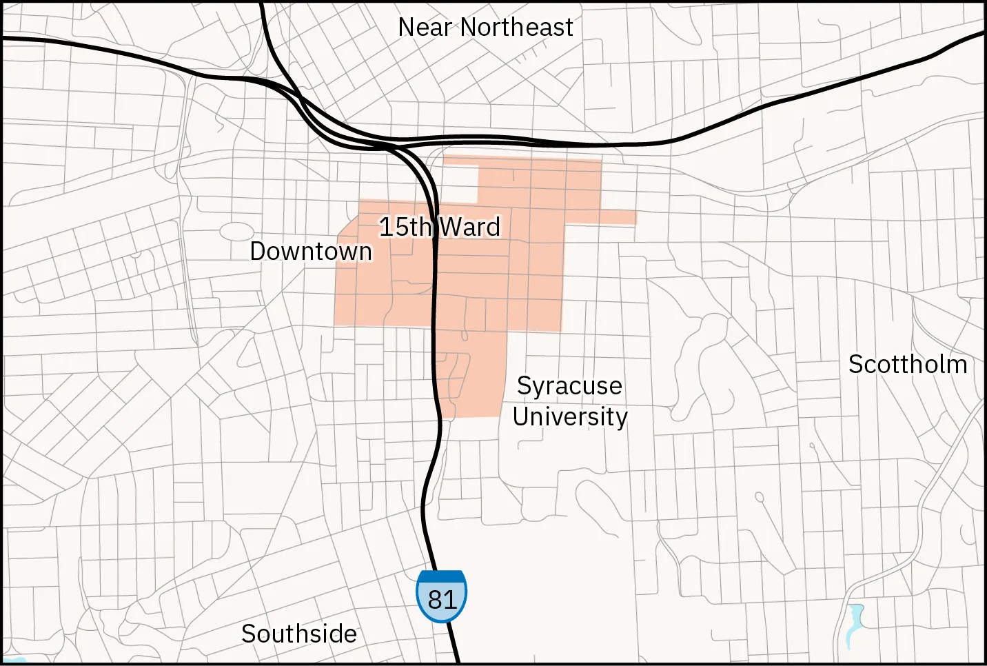 A map of an area near Syracuse University shows how Highway 81 was planned to cut through the 15th Ward near downtown.