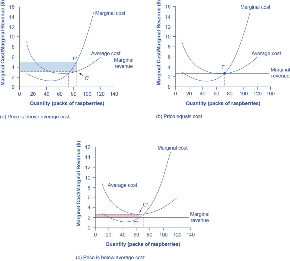 The three graphs show how profits are affected depending on where total cost intersects average cost.