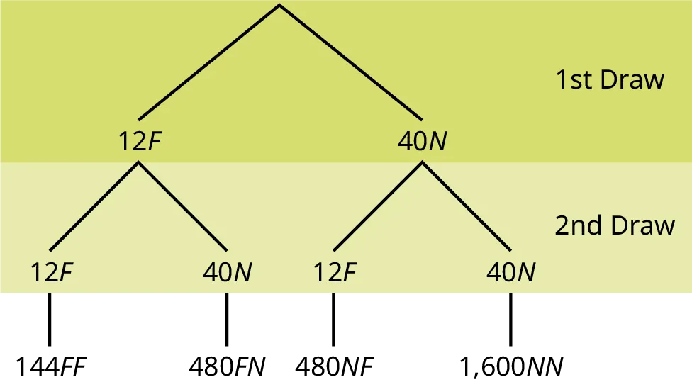 This is a tree diagram with branches showing frequencies of each draw. The first branch shows two lines: 12F and 40N. The second branch has a set of two lines (12F and 40N) for each line of the first branch. Multiply along each line to find 144FF, 480FN, 480NF, and 1,600NN.