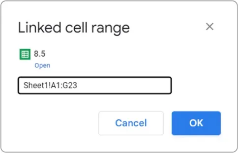 Linked cell range window displays an Excel icon and Sheet1!A1:G23 in bar.