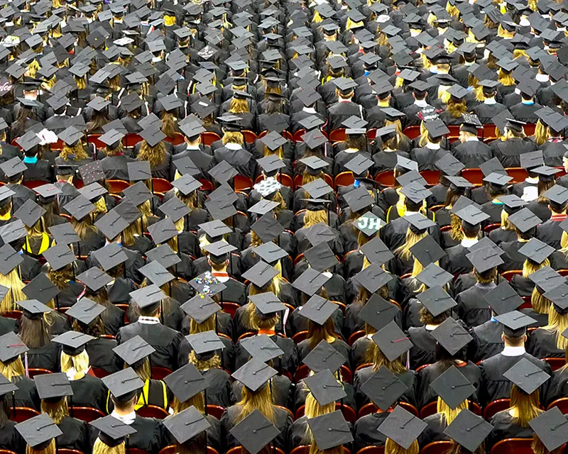 A graduate's hand is holding a rolled certificate paper tied with a ribbon.