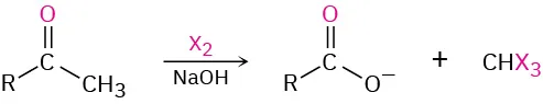 A methyl ketone reacts with a halogen and base to form a trihalomethane and a carboxylate ion.