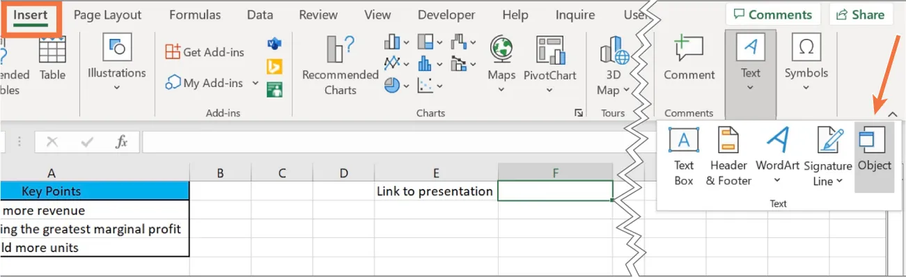 Excel Insert tab selected. Text button selected. Options include: Text Box, Header & Footer, WordArt, Signature Line, and Object (selected).