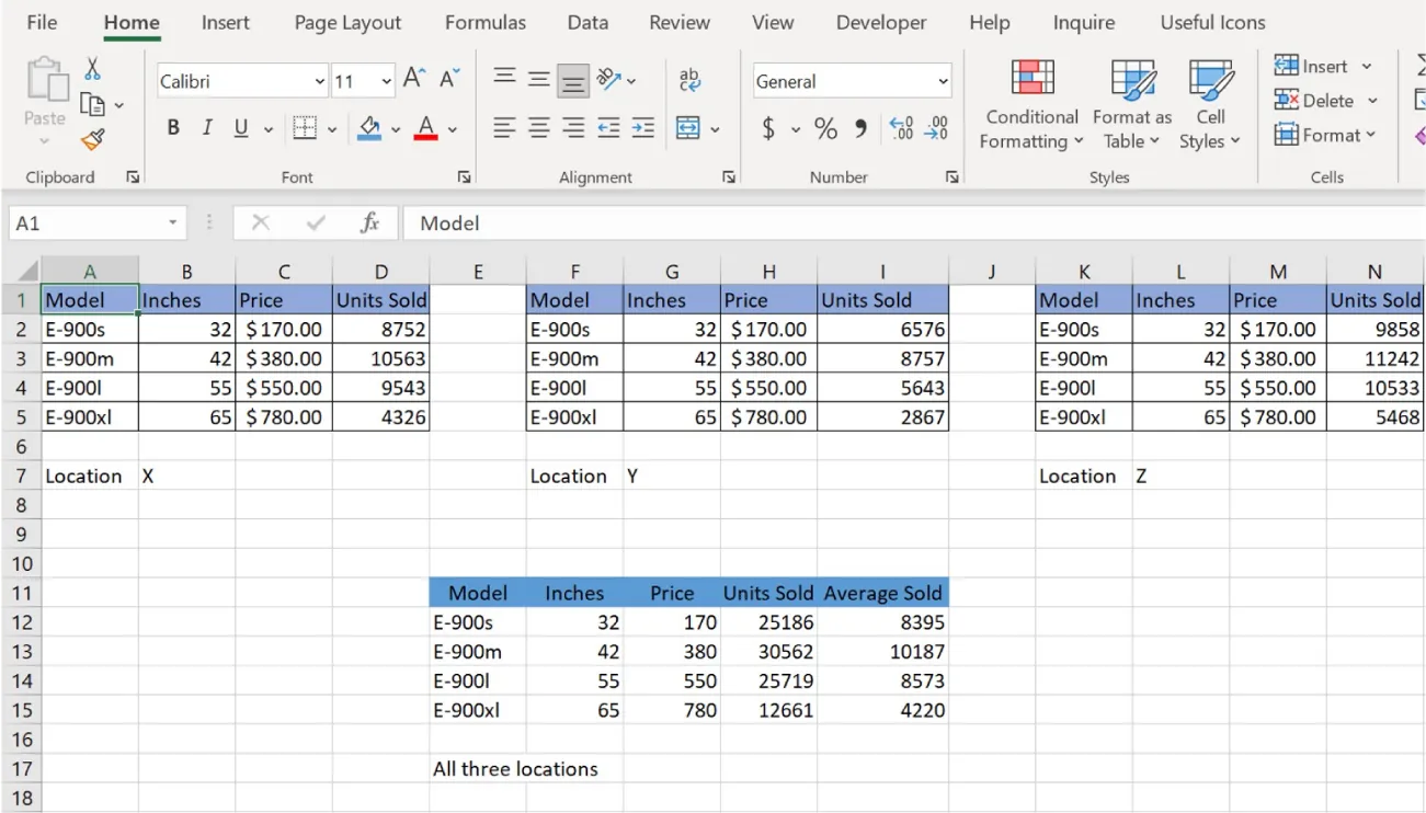 Three tables display same information in Model column (E-900s, E-900m, E-900l, E-900xl), Inches column (32, 42, 55, 65), Price column ($170.00, $380.00, $550.00, $780.00). Units sold columns: Location X (8752, 10563, 9543, 4326); Location Y (6576, 8757, 5643, 2867); Location Z (9858, 11242, 10533, 5468). All three locations table: Units Sold (25186, 30562, 25719, 12661); Average Sold (8395, 10187, 8573, 4220).