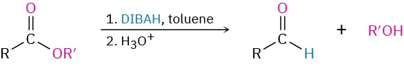 An ester, R C O O R reacts with diisobutylaluminum hydride in toluene, then hydronium ion to form aldehyde, R C H O and an alcohol, R dash O H.