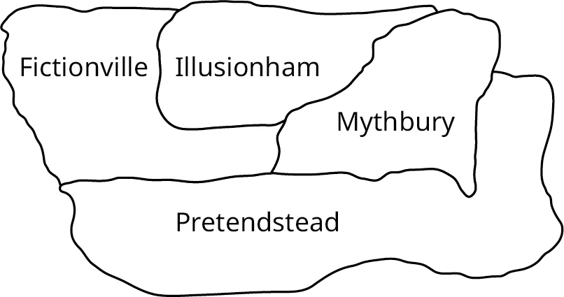 A map of Imaginaria. It has four regions: Fictionville, Illusionham, Mythbury, and Pretendstead.