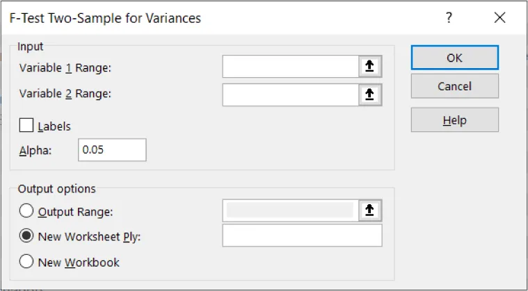 F-Test Two-Sample for Variances pane Input options: Variable 1 Range, Variable 2 Range, Labels, Alpha (0.05). Output options include Output Range, New Worksheet Ply (selected), New Workbook.