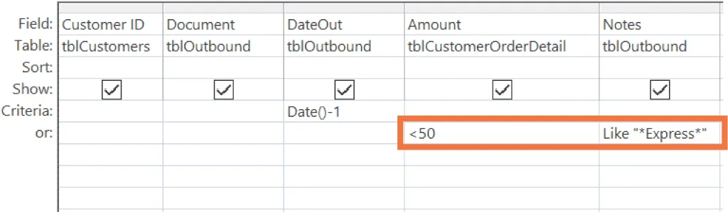 Screenshot of or row with <50 (Amount column) and Like “*Express*” (Notes column) populating the cells.