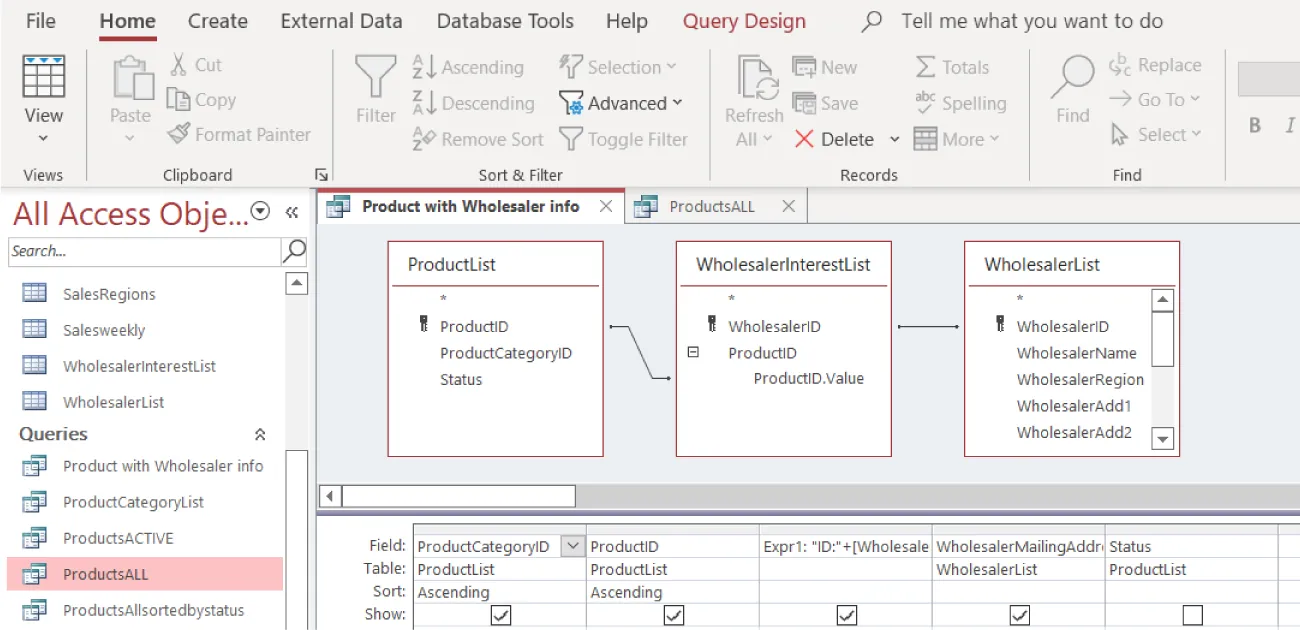 All Access sidebar selects ProductsALL from Queries; Products with Wholesaler Info tab in window displays connected queries for ProductList, WholesalerInterestList, WholesalerList. Table at bottom reflects queries.