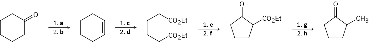 Cyclohexanone reacts with a series of reagents a, b, c, d, e, f, g and h to form cyclopentanone with methyl on C 2.