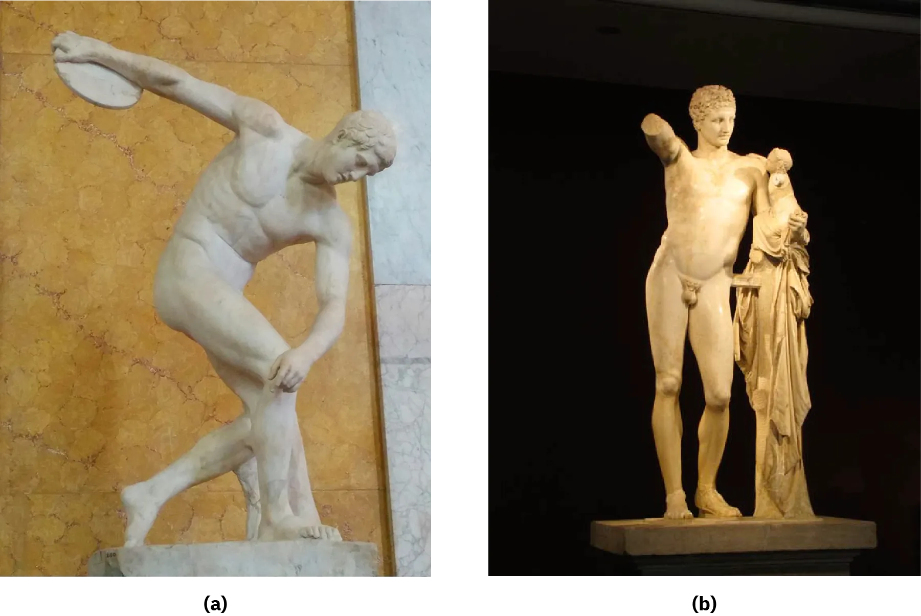 Two marble statues are shown. The (a) off-white statue on the left is of a naked man bending down at the waist with his left foot behind him. His right knee is bent a bit, he is hunched over, his left arm rests near his right knee. He holds a flat circular object in his right hand behind his back. He is looking down and has short hair, large eyes and his mouth is turned down. The statue rests on a white and gray marbled pedestal and the wall behind the statue is yellow and brown marbled on the left and white and gray marbled on the right. (b) The yellowish statue stands on a rectangular stone pedestal on a solid dark black background. The statue is a naked man with his right arm cut off just above the elbow. He has short curly hair and wears strappy sandals. In his left arm he holds a very small child with arms cut off and curly hair and robes that drape to the ground.