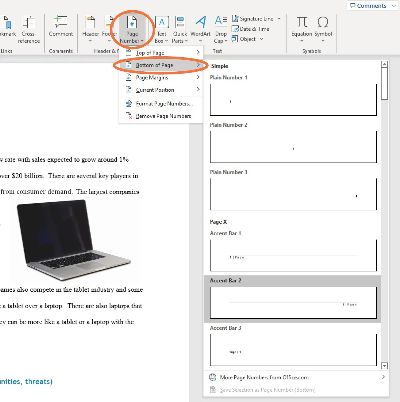 Page Number is selected, then Bottom of Page, which opens to a list of groups with options to select for placing page numbers.