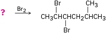 A reaction shows an unknown reactant reacting with molecular bromine to form a product with 6-carbon chain. C2 and C3 each bond to bromine atom. C5 bonds to methyl group.