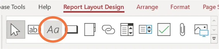 Screenshot of Report Layout Design tab in Access with icons displayed: Select, Text Box, Label (highlighted), Button, Tab Control, Link, Combo Box, List Box, Check Box, Attachment, and Image.
