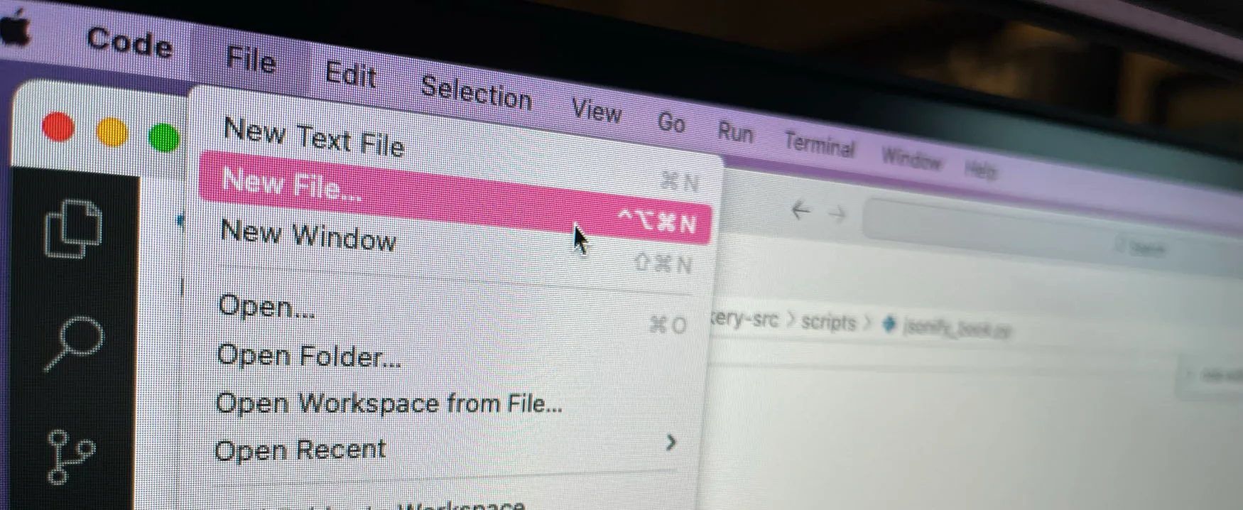 close up of a computer screen with a file menu open
