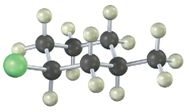 The ball and stick model of an alkyl halide comprises single carbon-carbon bonds in a ring. Black, gray, and green spheres represent carbon, hydrogen, and chlorine, respectively.