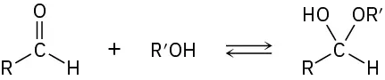 An aldehyde, R C H O reacts with R dash O H to form carbon linked to H , R, O H and O R dash group.