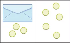This image is divided into two parts: the first part shows an envelope and 3 blue counters and the next to it, the second part shows five counters.