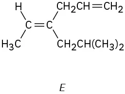 The structure labeled E has a double bond with hydrogen (up) and methyl (down) substituents on the left and allyl (up) and s-butyl (down) substituents on the right.