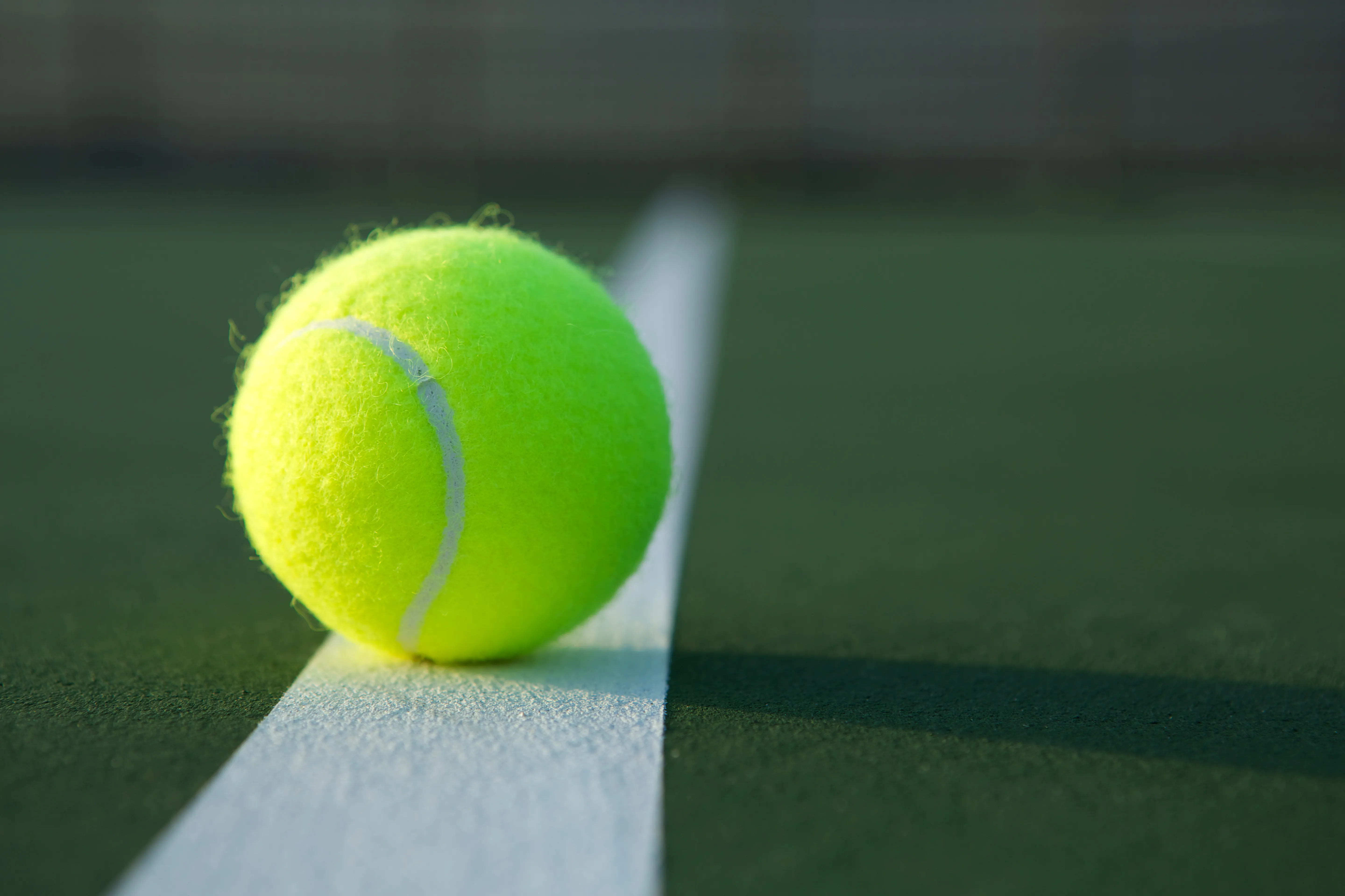 A bright yellow tennis ball resting on a white line on a green tennis court, with a blurred background.
