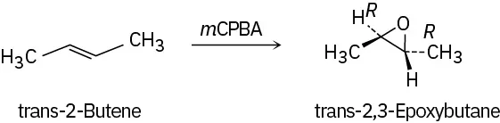 trans-2-Butene reacts with m C P B A to form trans-2,3-epoxybutane.