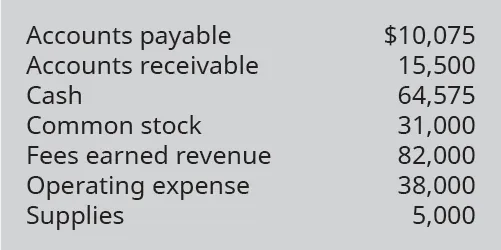 Accounts Payable 10,075; Accounts Receivable 15,500; Cash 64,575; Common Stock 31,000; Fees Earned Revenue 82,000; Operating Expense 38,000; Supplies 5,000.
