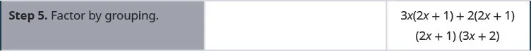 The next step is to factor by grouping. 3 x(2 x + 1) + 2(2 x + 1) then factor again (2 x + 1)(3 x + 2).