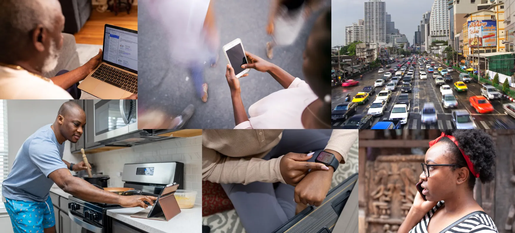 Photos of individuals using computers, iPads, cellphones, smart watches, and driving cars.