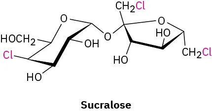 The structure of sucralose, with chlorine atoms highlighted in red.