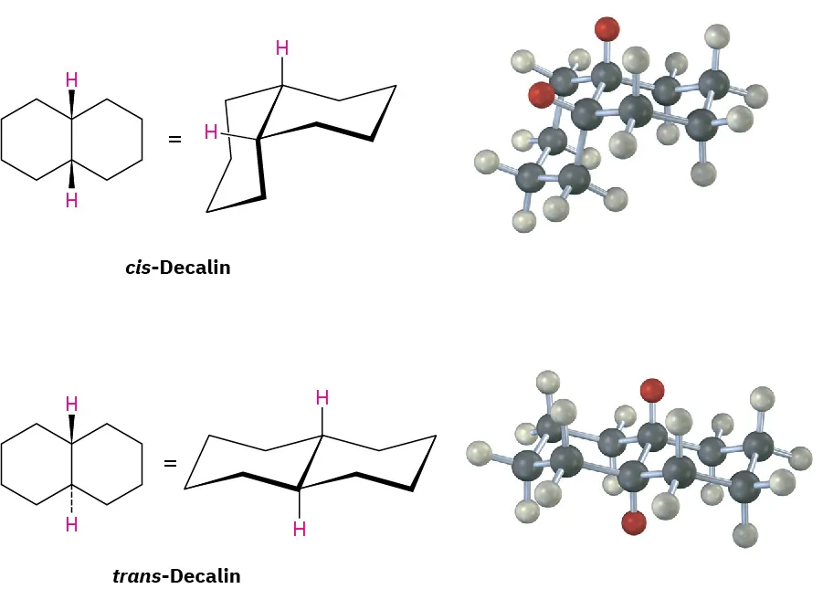The wedge-dash structure, chair conformations, and ball and stick models of cis-decalin and trans-decalin.