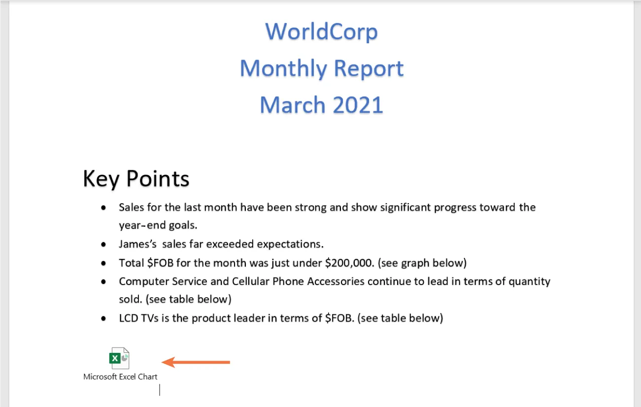Document is visible. At the lower left (under document text), an icon labeled Microsoft Excel Chart is highlighted and visible.