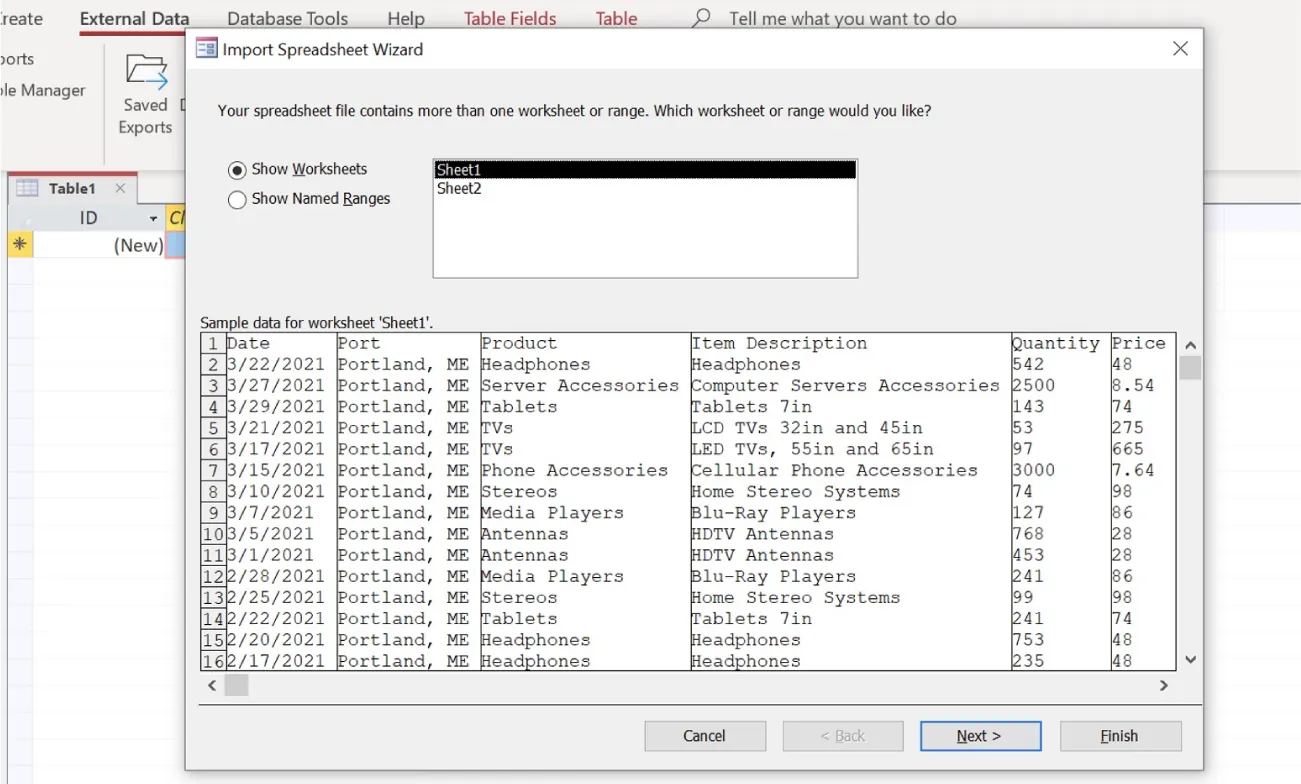 Import Spreadsheet Wizard window selects Show Worksheets button and Sheet1 is selected in the pane. Sample data is visible in pane below.