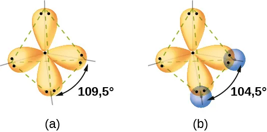 Se muestran dos diagramas marcados como "a" y "b". El diagrama a muestra dos orbitales en forma de maní dispuestos en una disposición tetraédrica alrededor de la letra "O". El diagrama b muestra los mismos dos orbitales, pero ahora se superponen hacia arriba y hacia la izquierda con dos orbitales esféricos, cada uno marcado como "H". Un par de electrones ocupa cada lóbulo de los orbitales en forma de maní.