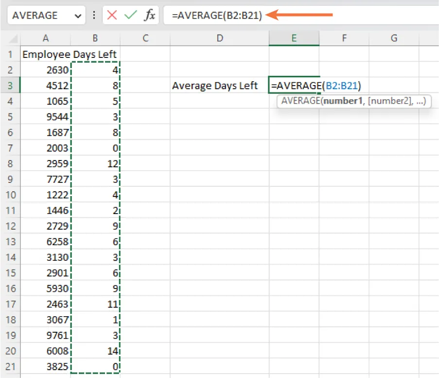 Cells B2-B21 highlighted in spreadsheet; AVERAGE displays in selection bar. Formula bar reads: =AVERAGE(B2:B21). Cell E3 is selected with =AVERAGE(B2:B21) inside. Window below shows: AVERAGE(number1,[number2],…).
